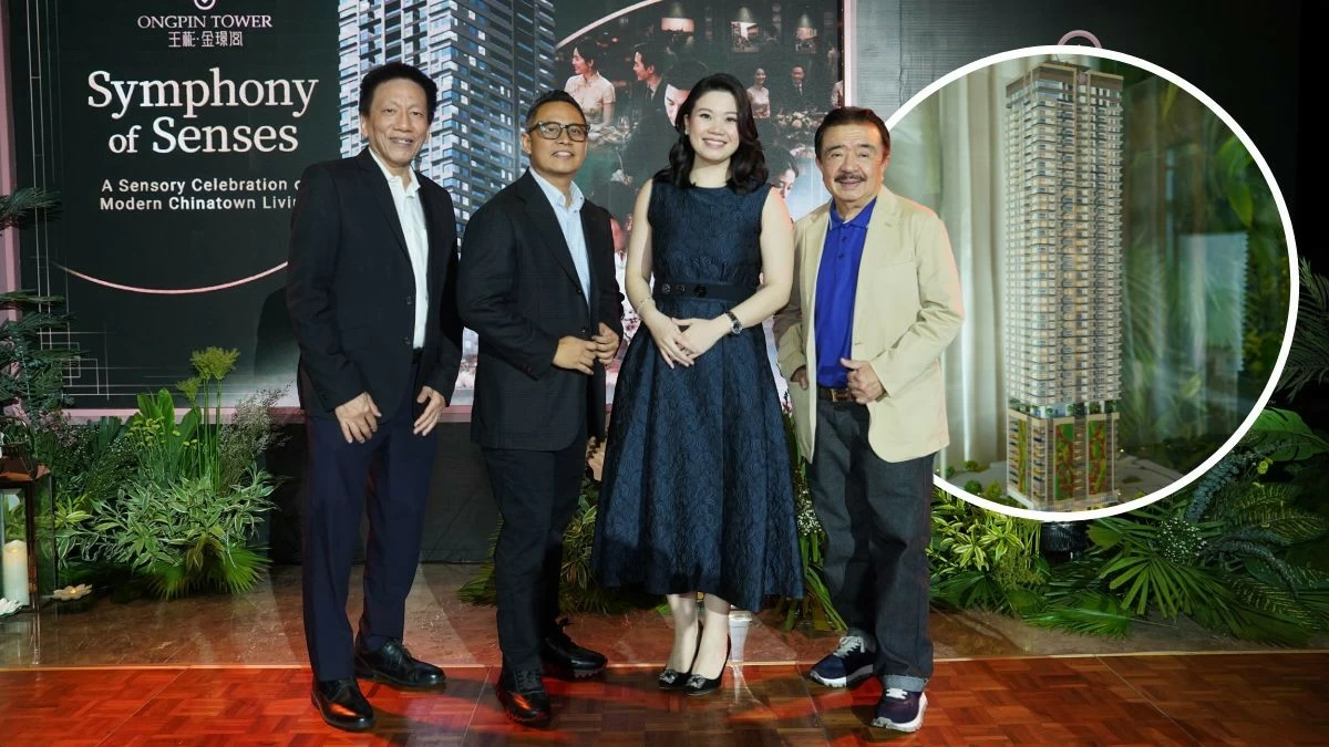 Architects Miguel Ocampo Tan, Rowland Agullana of CUBE System, Keen and Worth's COO Kimberly Klaire Wong, and Ironcon's Jaime Lim and (inset) an Ongpin Tower display at the 'Symphony of Senses' event (Photo: Keen and Worth Property Developers Inc.)