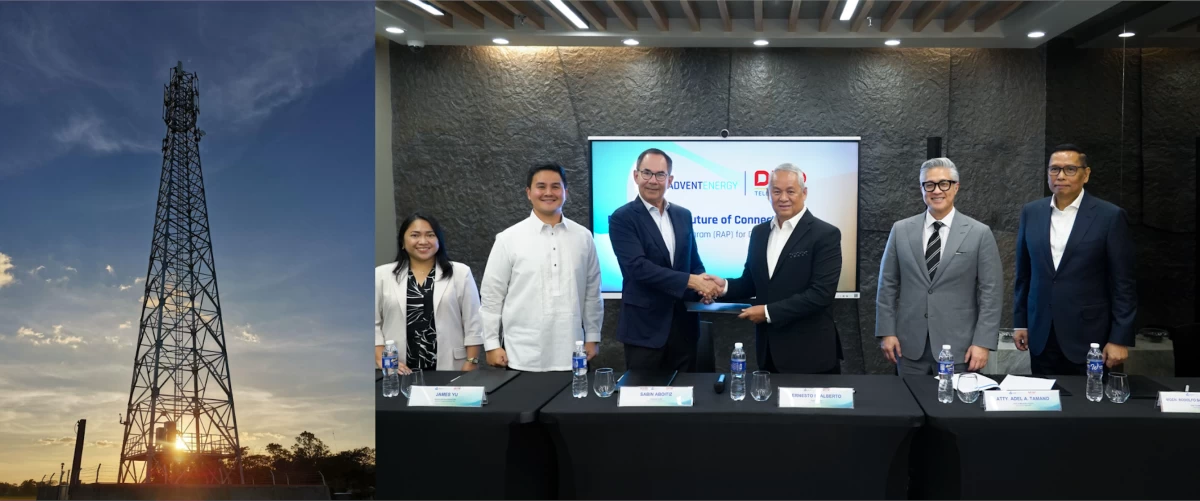 DITO Telecommunity utilizes the Retail Aggregation Program to power 1,642 of its cell towers in the Greater Manila, South Luzon, and North Luzon areas. (Right photo, L-R) AdventEnergy President James Yu (2nd) and AboitizPower Chairman Sabin Aboitiz (3rd) formalizing a retail electricity supply contract with DITO Telecommunity President & CEO Ernesto Alberto (4th) during a ceremonial signing event.