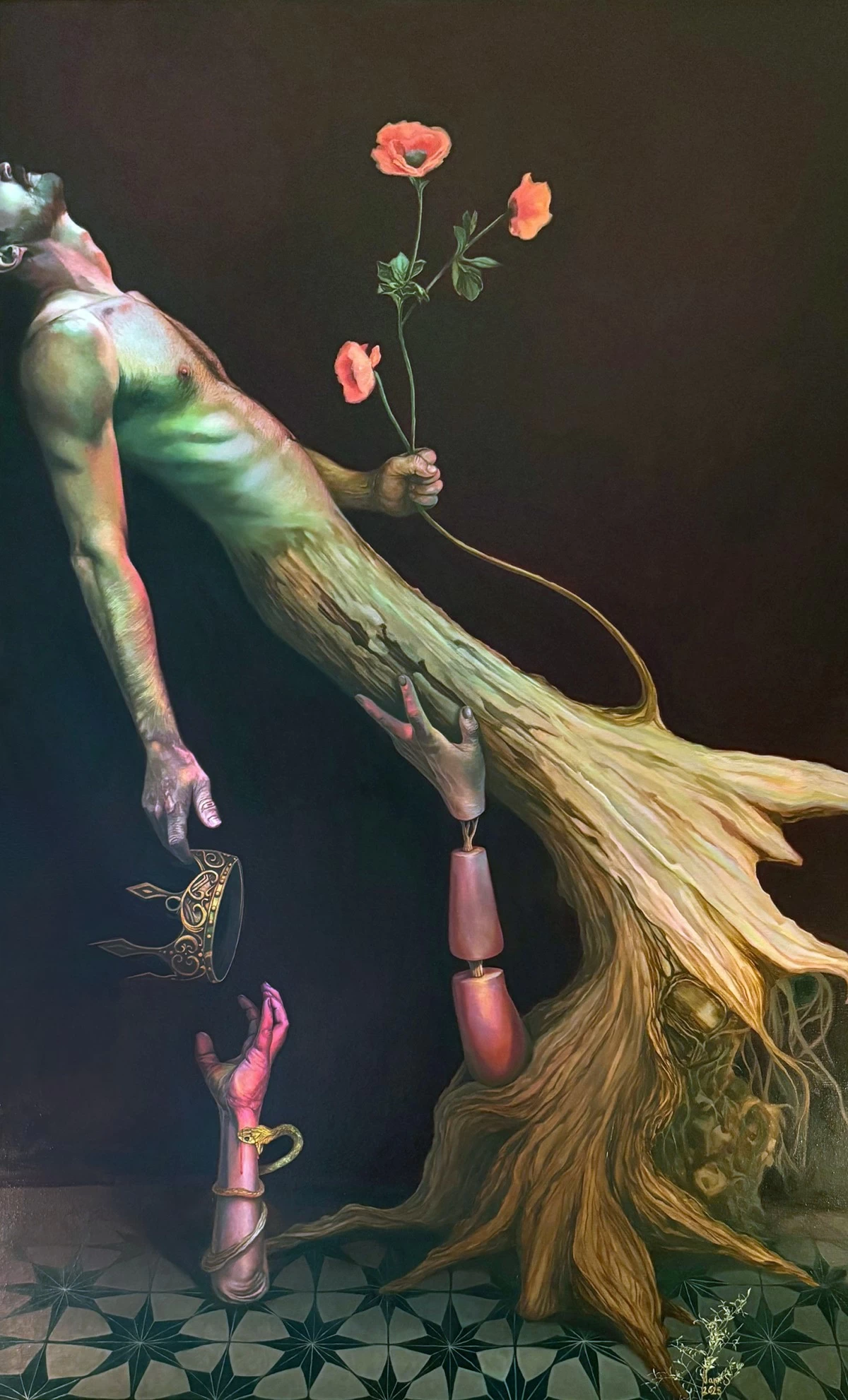 'THE FALL OF THE FLOWER KING,' 210x130 cm, oil on linen canvas, 2025