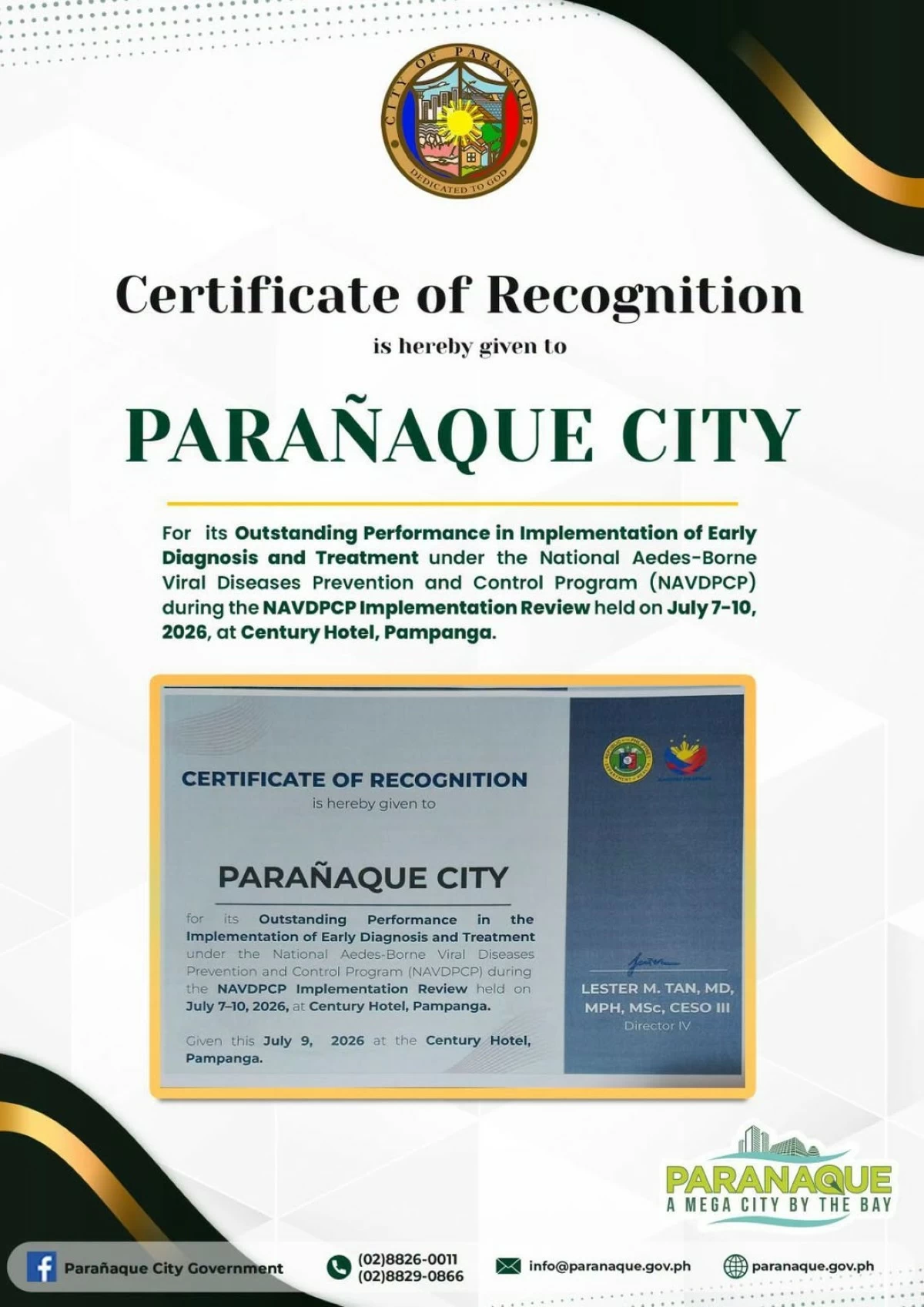 
Parañaque City receives a DOH award for excellence in the prevention and control of aedes-borne diseases. (Photo from Parañaque PIO)
