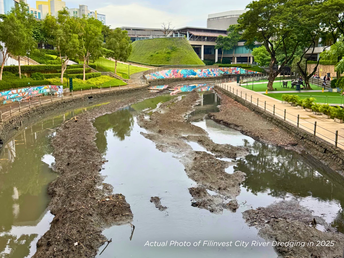 Regular river dredging keeps the Alabang-Cupang River flowing efficiently, while recovered silt is repurposed into fertilizer for Filinvest City's nursery and landscapes.
