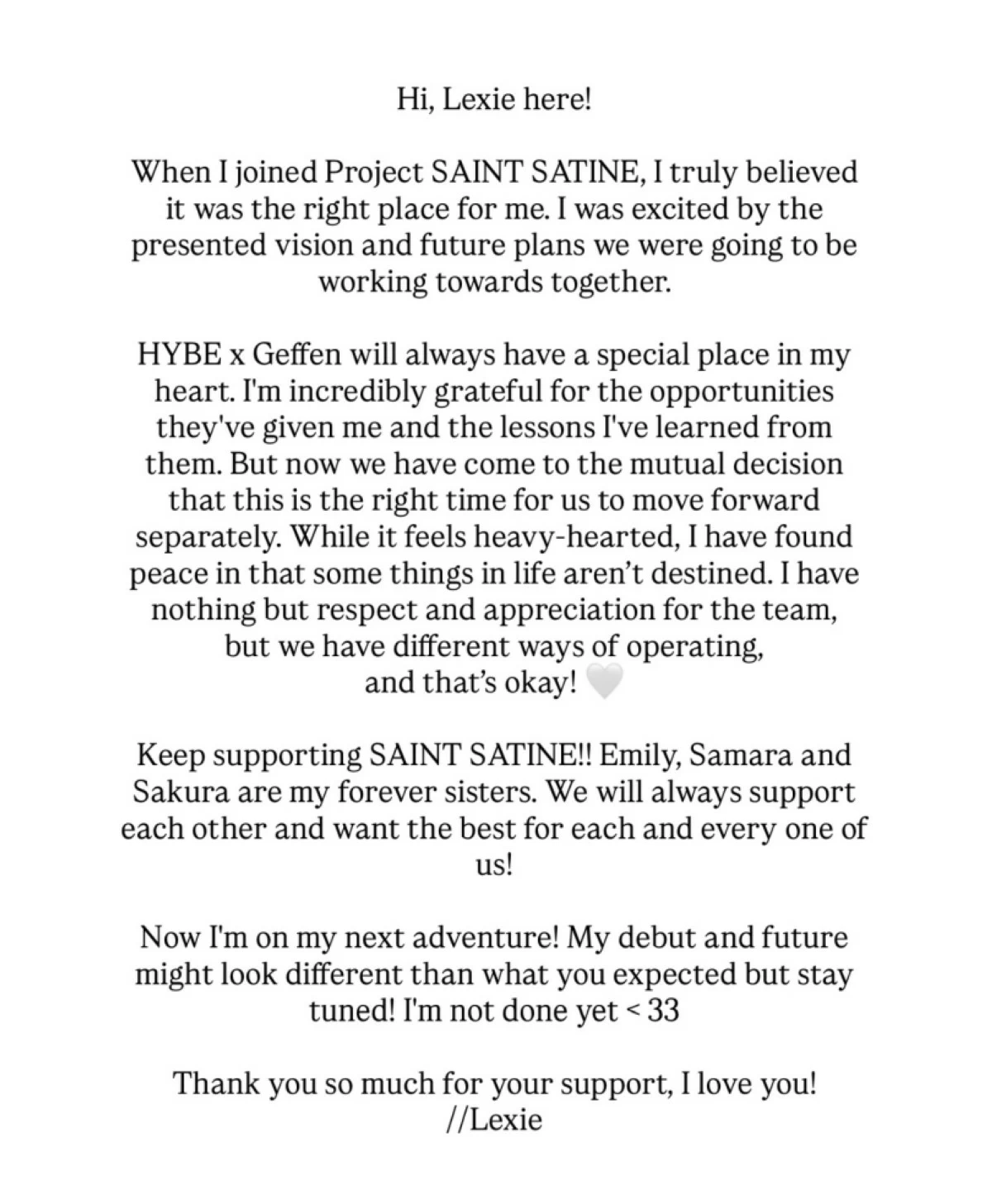 Lexie's message about her departure from Saint Satine (Instagram)