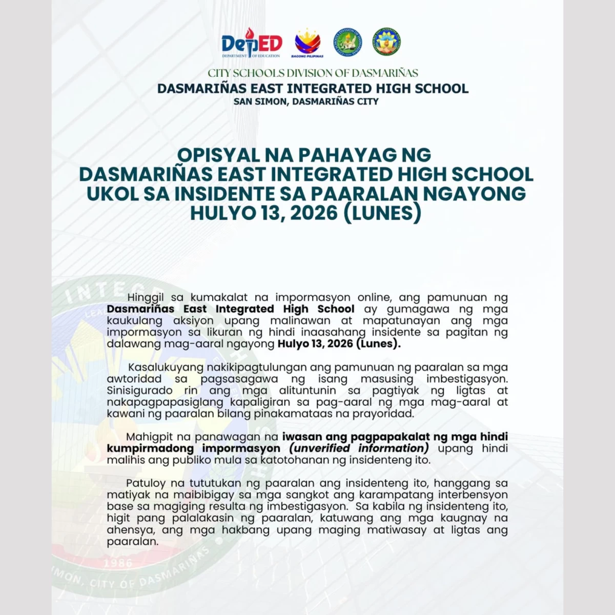 Statement from the Dasmariñas East Integrated High School (MANILA BULLETIN)