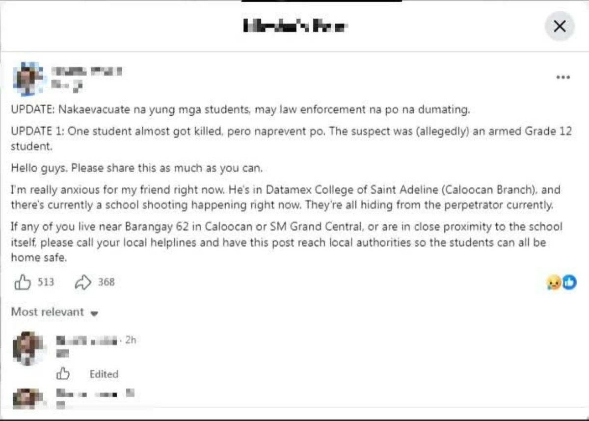 Screenshot of the false social media post claiming a school shooting at Datamex College of Saint Adeline in Caloocan. (Photo courtesy of CCPS)