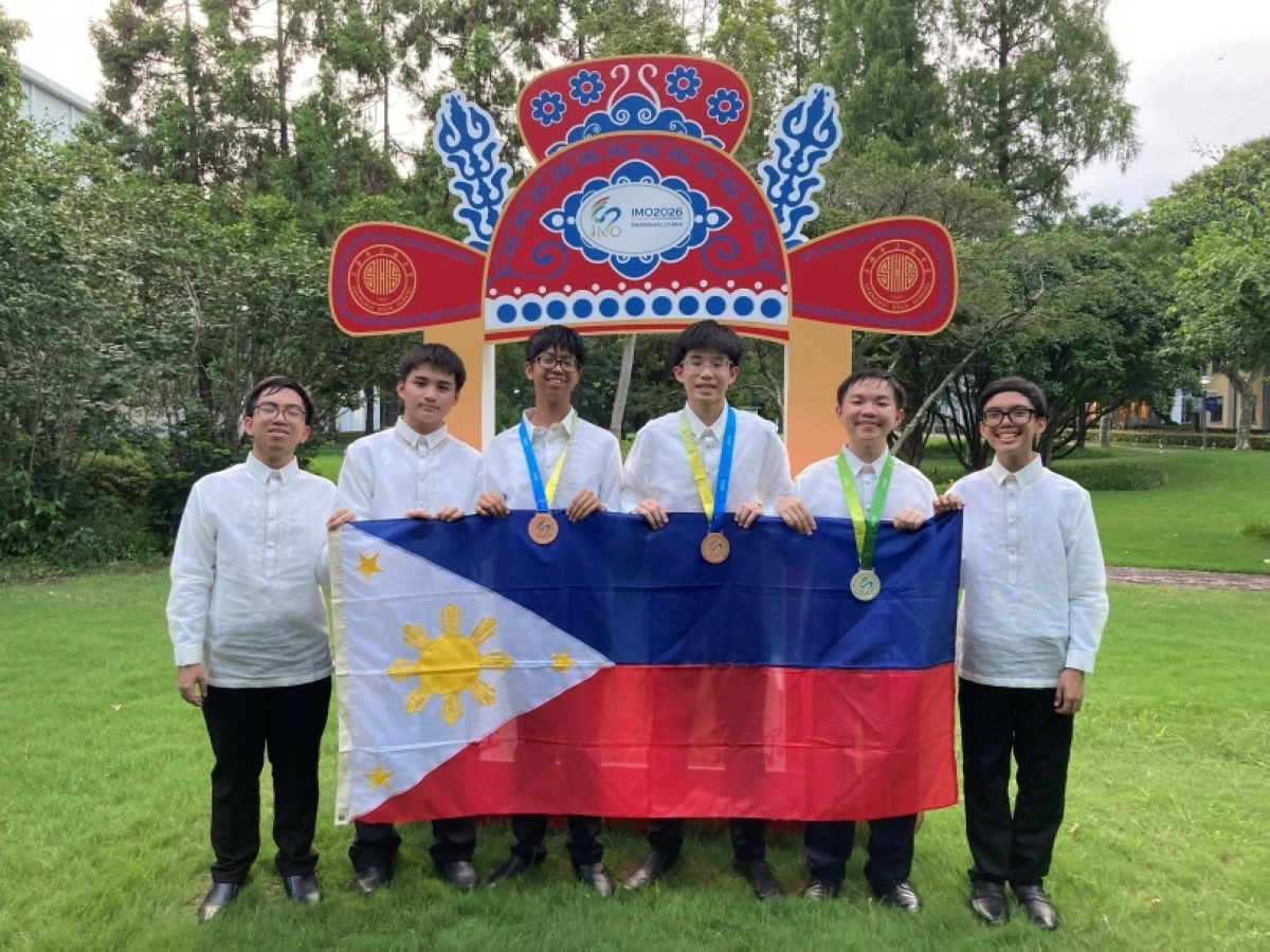 Team Philippines during the awarding ceremony of the 67th International Mathematical Olympiad (IMO) in Shanghai, China, on July 20. From left: Mateo Inigo Espocia, Shaun Lawrence Poh Leung, bronze medalists Alessandro Albano and Nathan Gabriel Neria, silver medalist Jerome Austin Te, and honorable mention awardee Zion Skye Earl Carmelo Uy. (Photo courtesy of Kerish Villegas)