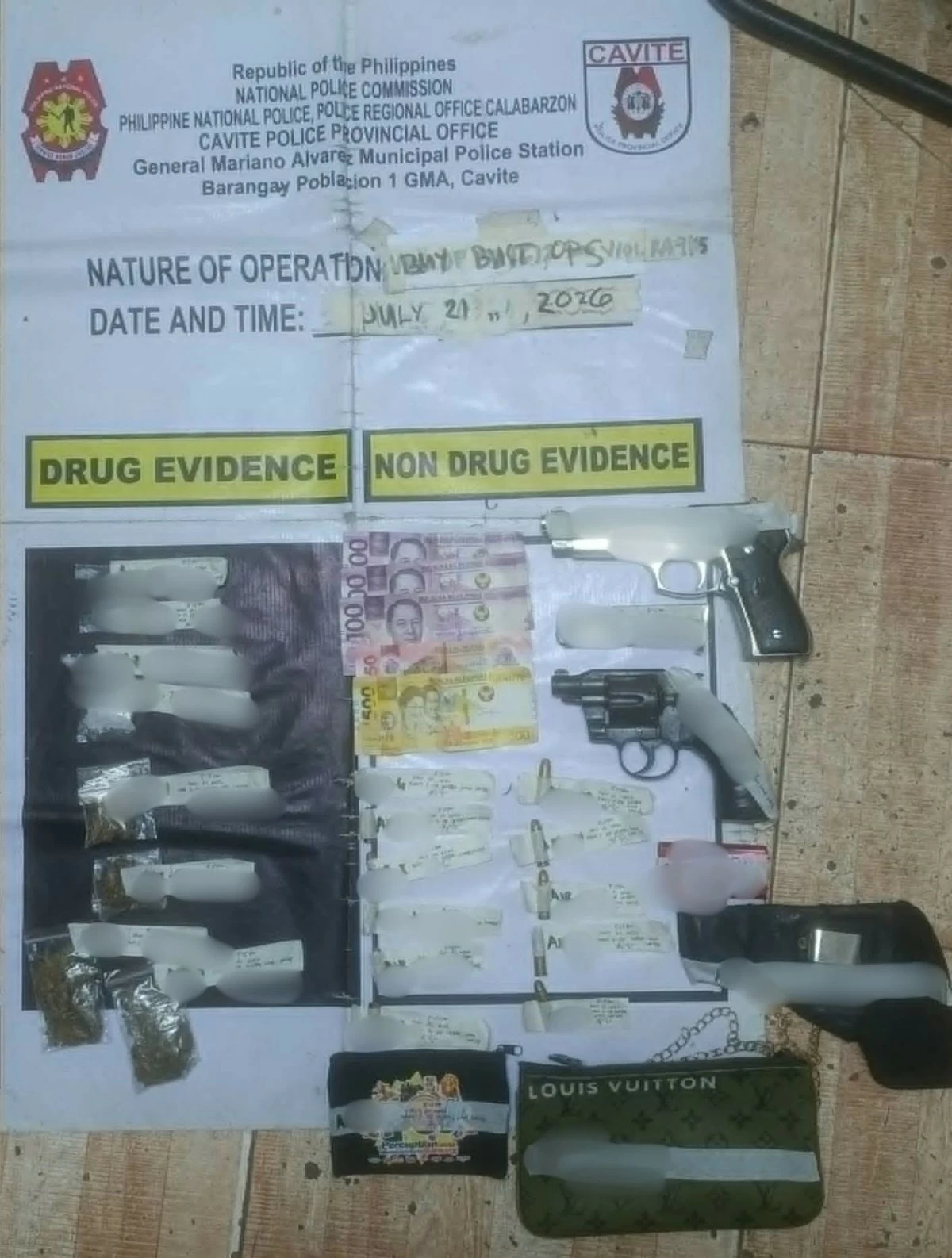 Police present pieces of evidence seized from the two suspects nabbed during a buy-bust operation in GMA, Cavite, on Tuesday, July 21. (Photo from Cavite PPO/MANILA BULLETIN)