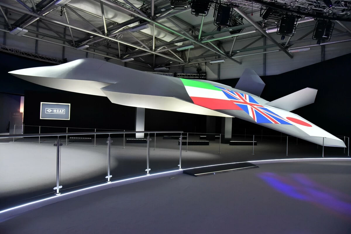 A new concept model of a next-generation fighter jet to be developed under a joint project among Japan, Britain and Italy, photographed in Farnborough, Hampshire, southern Britain, in July 2024.
