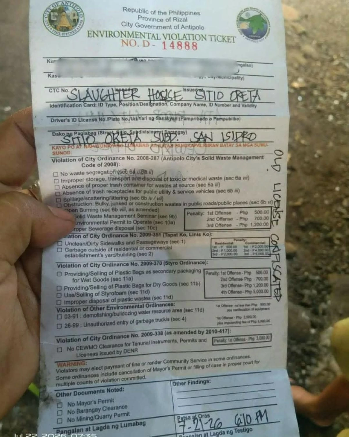 The Antipolo City government issues an Environmental Violation Ticket to a resident following a foam overflow in a portion of Sitio Oreta that reached several nearby homes. (Photos from Mayor Jun Ynares)