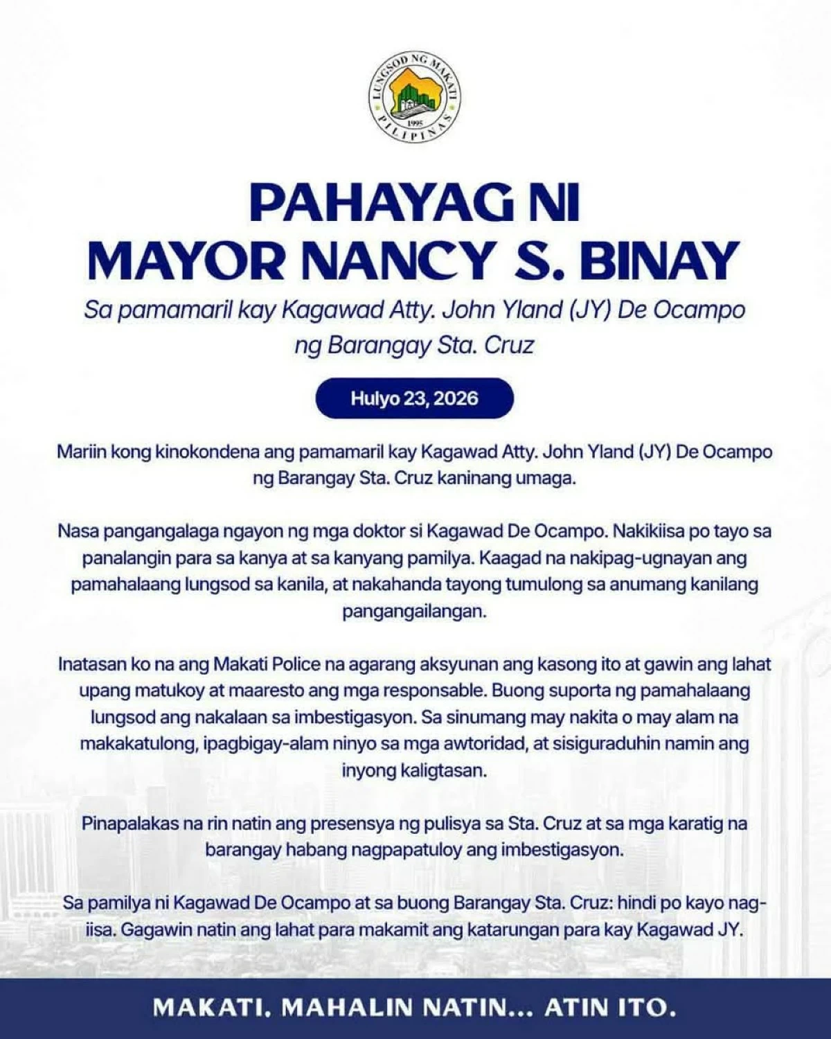 Mayor Nancy Binay releases a statement condemning the shooting of Barangay Sta. Cruz Councilor Atty. John Yland 