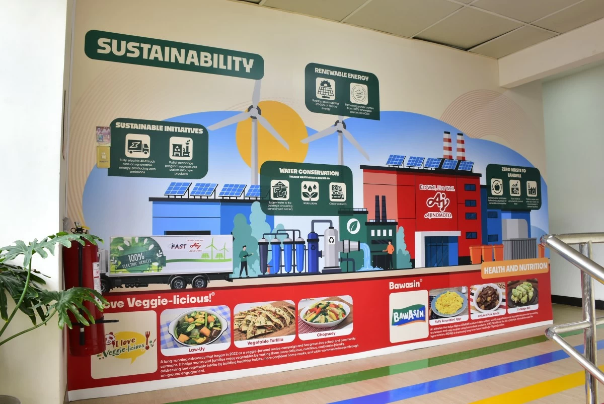 A vibrant mural inside the facility details how APC integrates environmental stewardship such as renewable energy and water conservation with life-enriching nutrition programs like I Love Veggie-Licious® and BawAsin®.