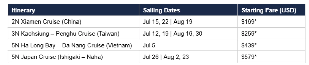 *Cruise-only lead-in rates per pax, twin-sharing. Terms and conditions apply
