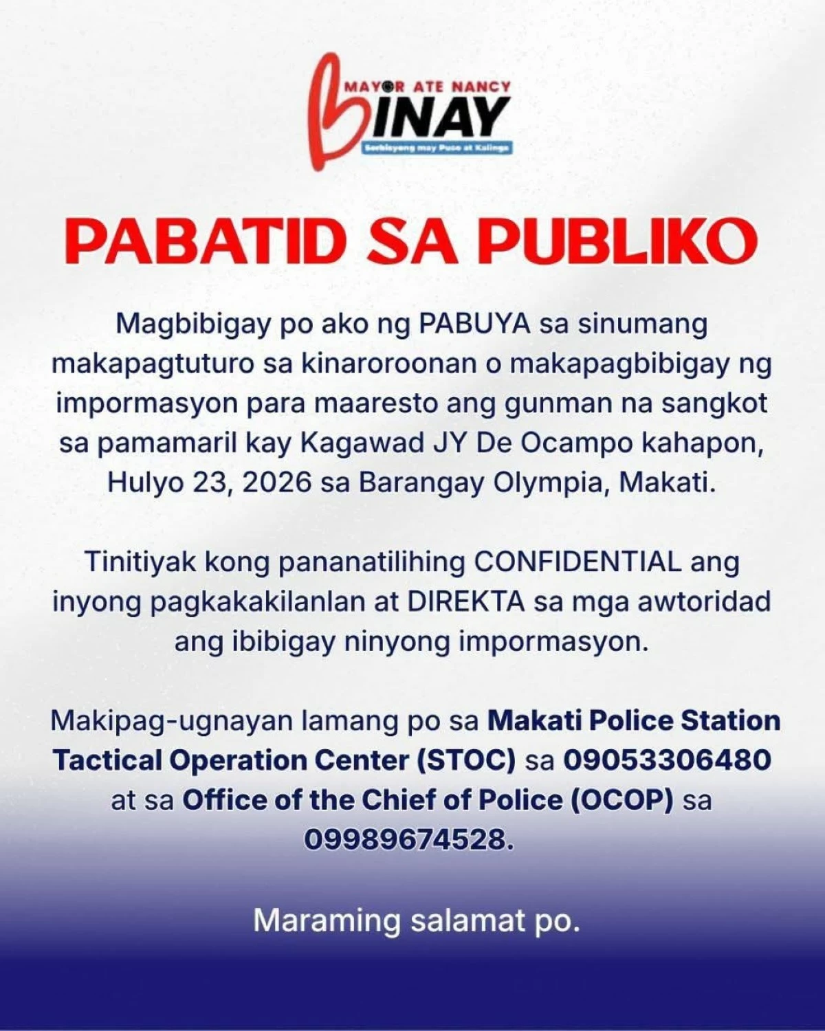 Makati City Mayor Nancy Binay offers a reward for information leading to the arrest of the gunman who shot and wounded Barangay Sta. Cruz Councilor Atty. John Yland “JY” De Ocampo in Barangay Olympia on July 23. (Photo from Mayor Nancy Binay/Facebook)