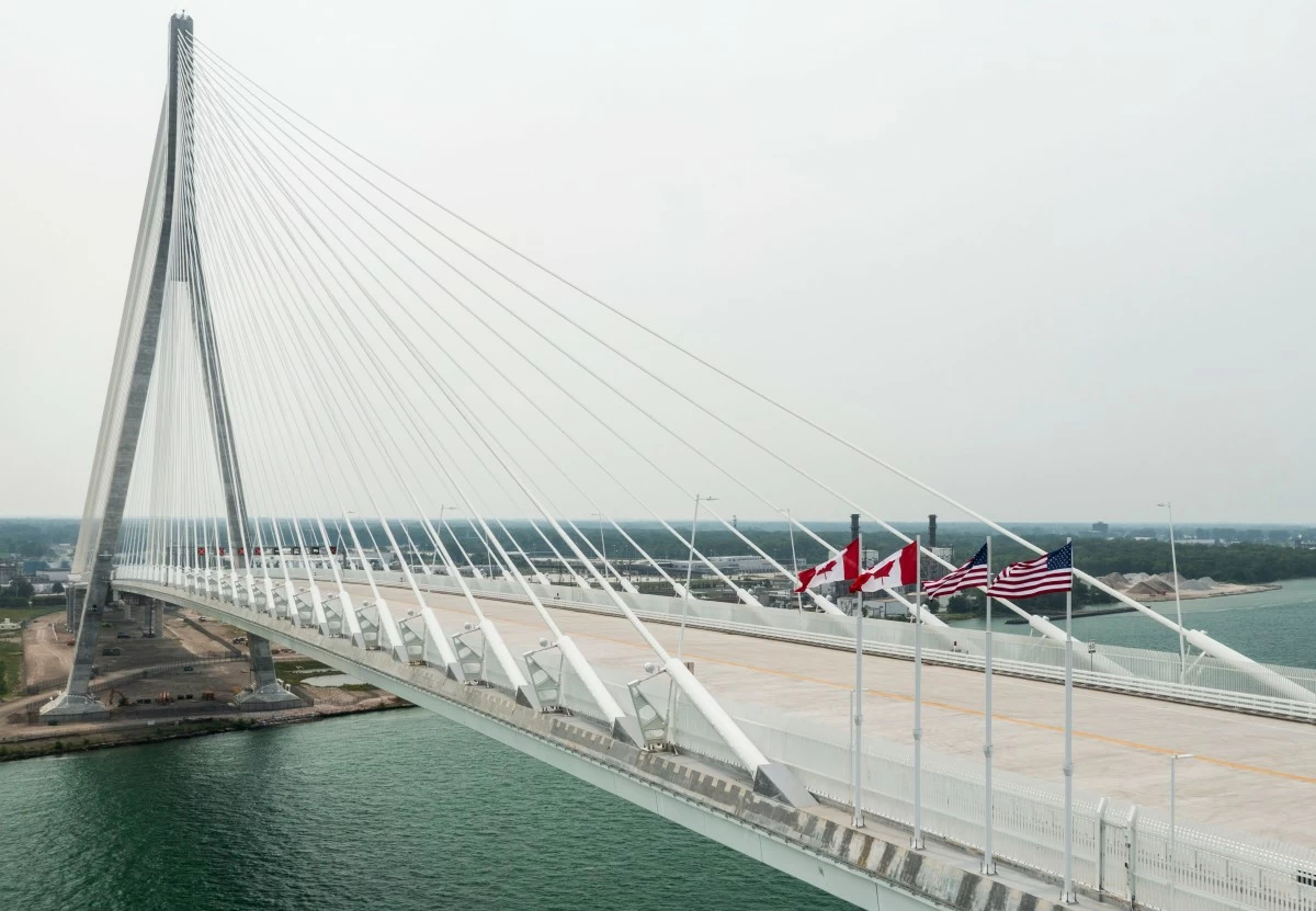 The Gordie Howe International Bridge between Detroit, Mich. and Windsor, Ontario on its opening day, Monday, July 27 2026. (Jacob Hamilton/Ann Arbor News via AP)