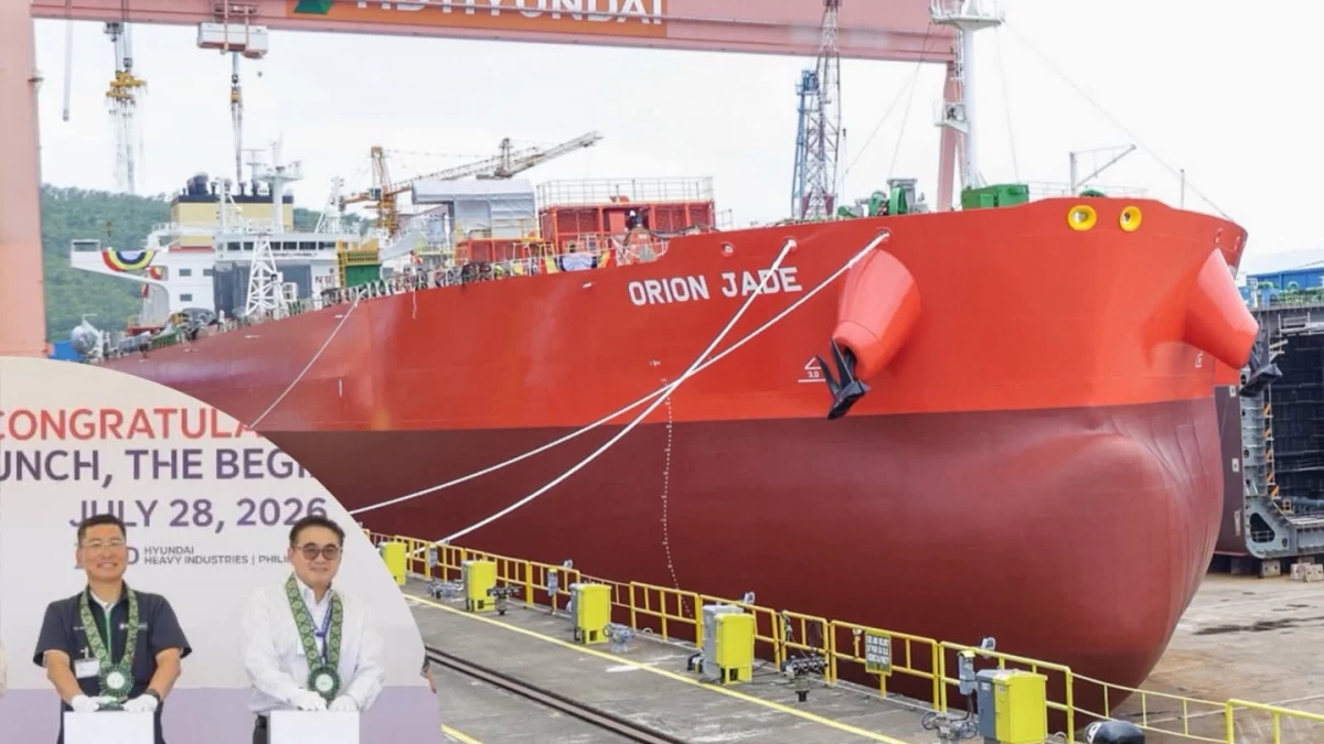 HD Hyundai Heavy Industries Philippines Inc. launches the Orion Jade, its first locally built vessel, measuring 250 meters in length, at its Subic Bay shipyard. The historic milestone signals the full operational rollout of the South Korean conglomerate's operations in the country, creating thousands of local jobs. Inset: Finance Secretary Frederick D. Go (right) and HD Hyundai Heavy Industries Philippines Inc. President Im Dae Jun.