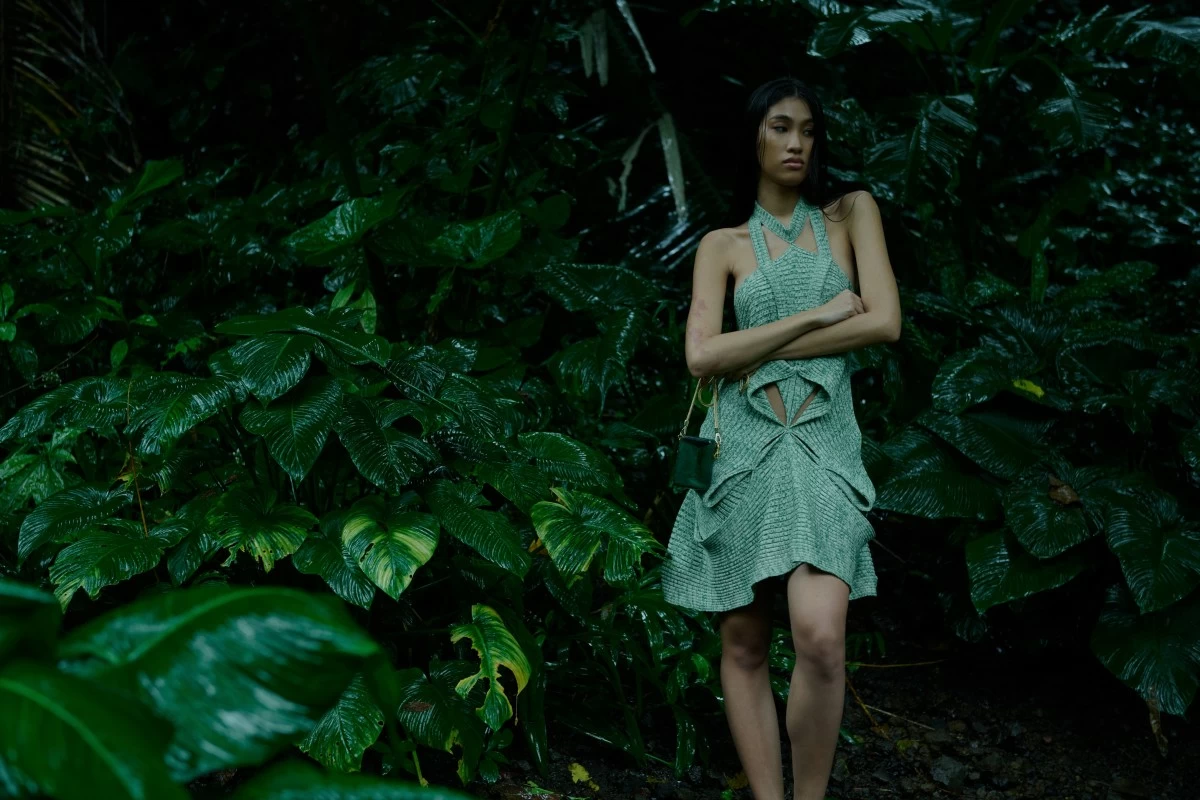 Knitted symmetric tension draped dress in cotton and piña
