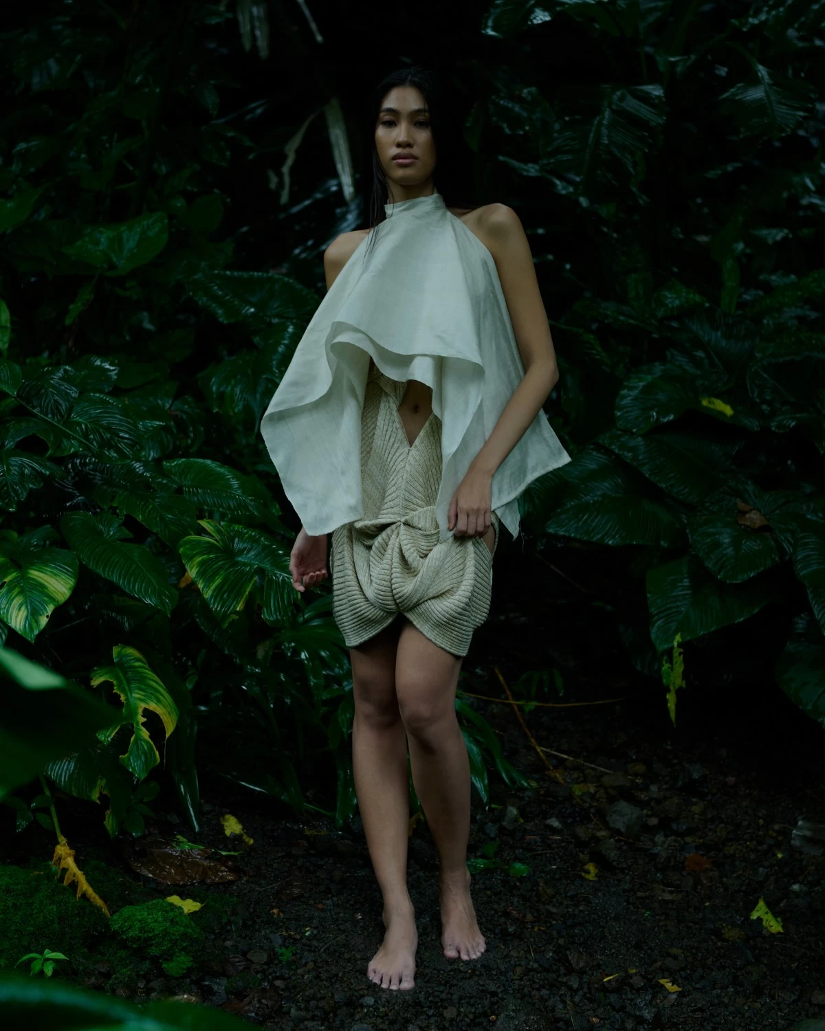 Knitted draped dress in cotton and piña and draped local silk top