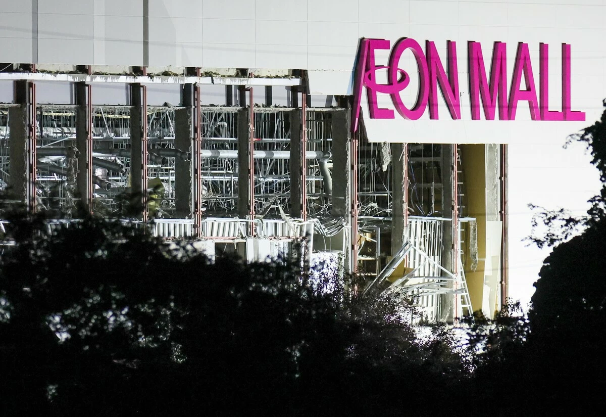 A shopping mall operated by Aeon in the town of Kashima, Kumamoto Prefecture, is heavily damaged on Tuesday, July 28.