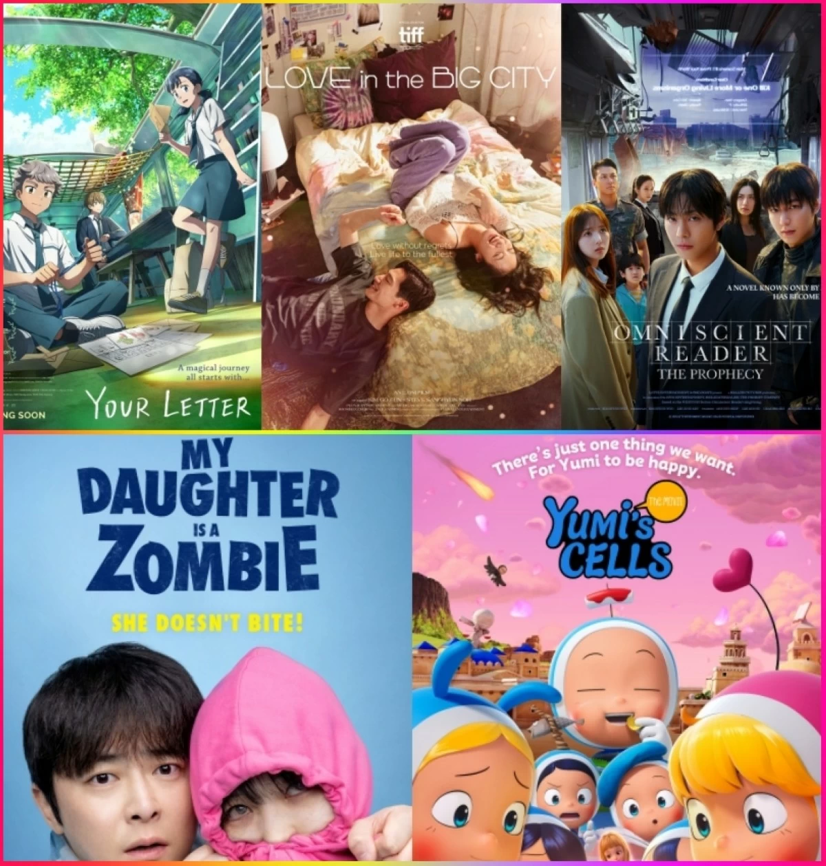 (Clockwise from top left) “Your Letter,” “Love in the Big City,” “Omniscient Reader,” “Yumi’s Cells: The Movie
