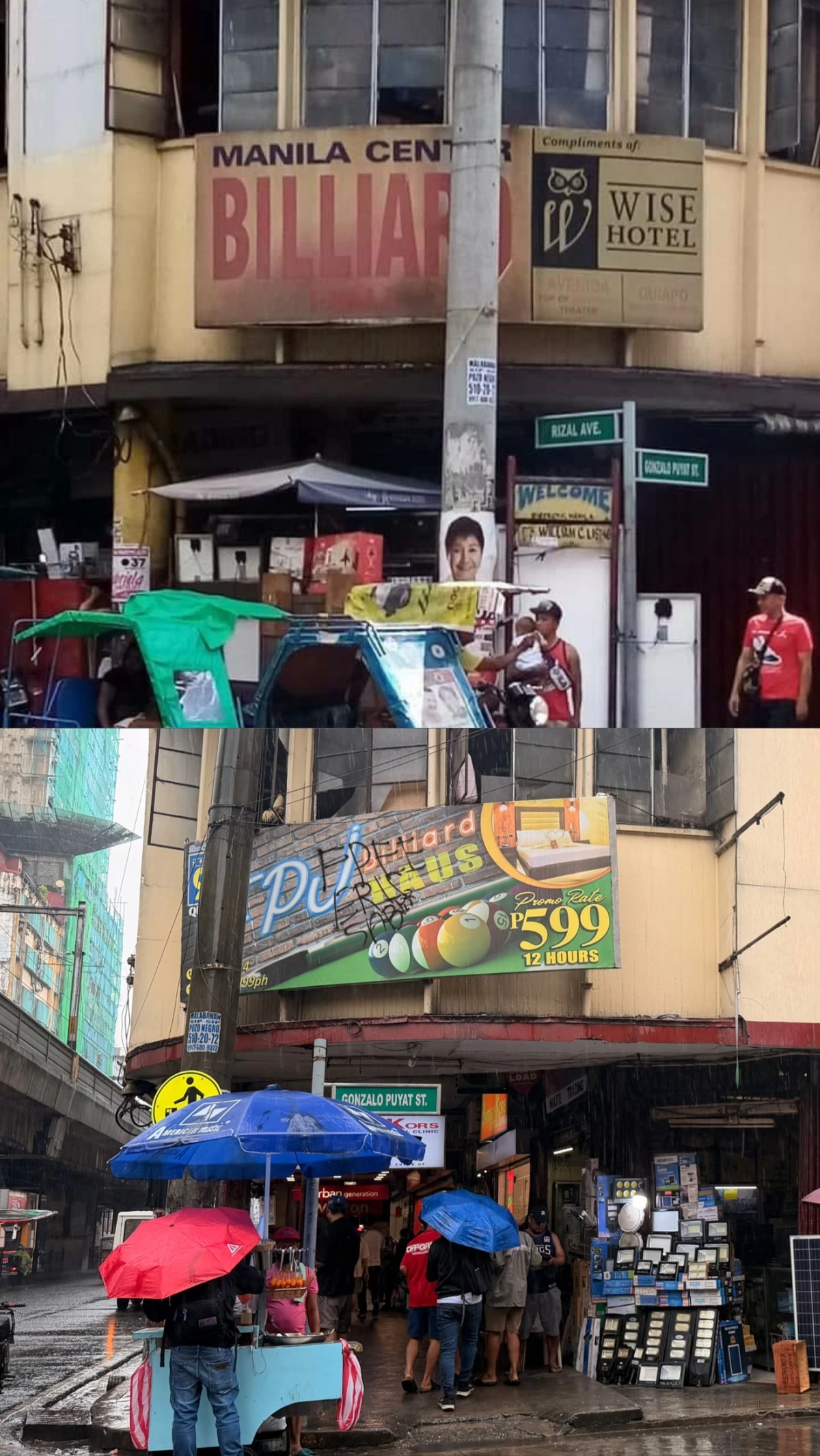 Then and now: Avenida–Raon (Gonzalo Puyat) Street in its earlier years (top) and today (bottom), as the area evolved into a busy electronics and supply district.