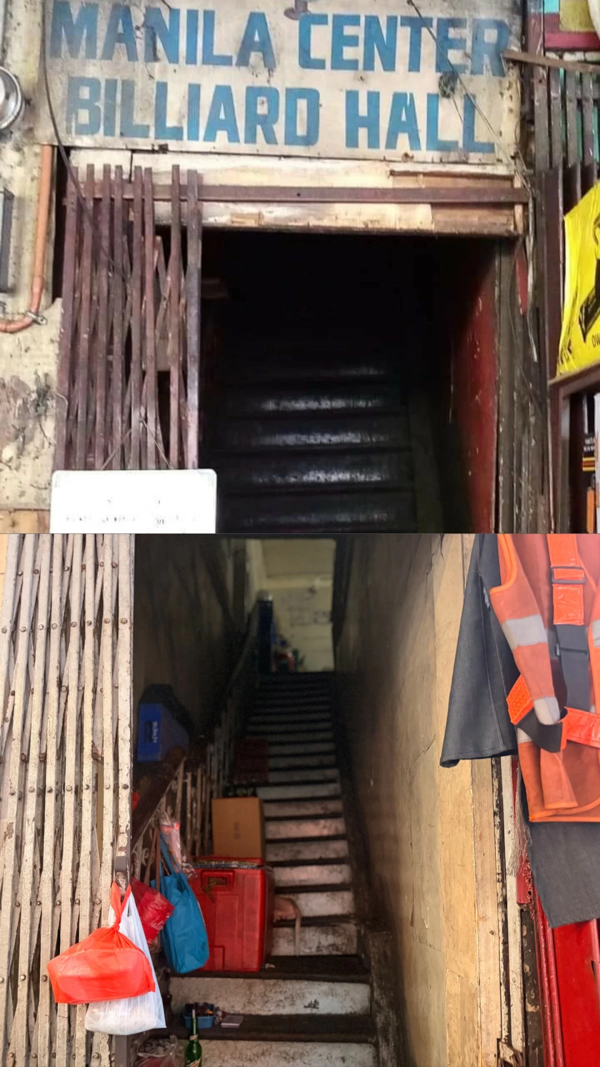 Then and now: Staircase of the former Manila Center Billiards Hall (top) and its present condition (bottom).