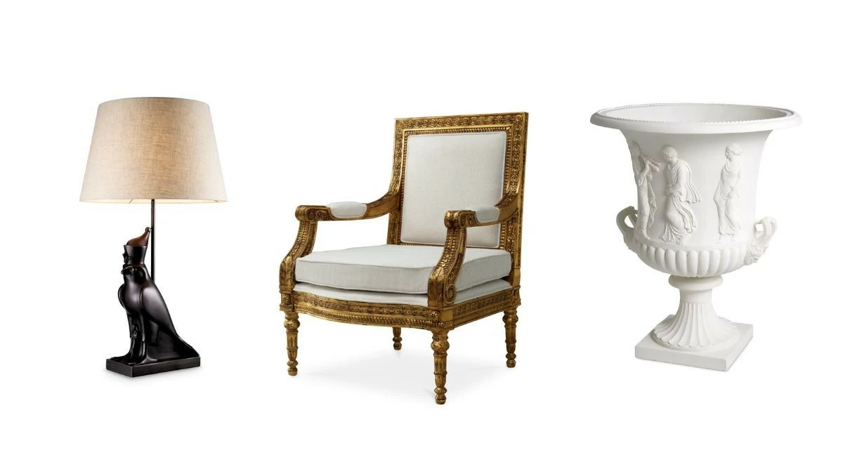Table Lamp Horus in bronze highlight finish with shade, Chair Louis in gold finish with Sentier Cream upholstery, and Vase Calyx-Krater in sandstone finish. (Photo: Muebles Italiano)