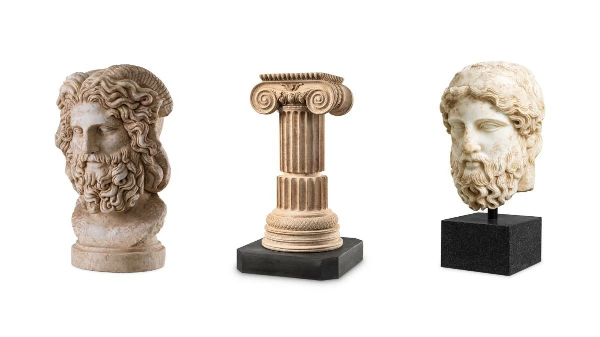 Statue Zeus (marble, antique look), Object Artemis Column (marble), and Bust of Hermes (marble, antique look) (Photo: Muebles Italiano)