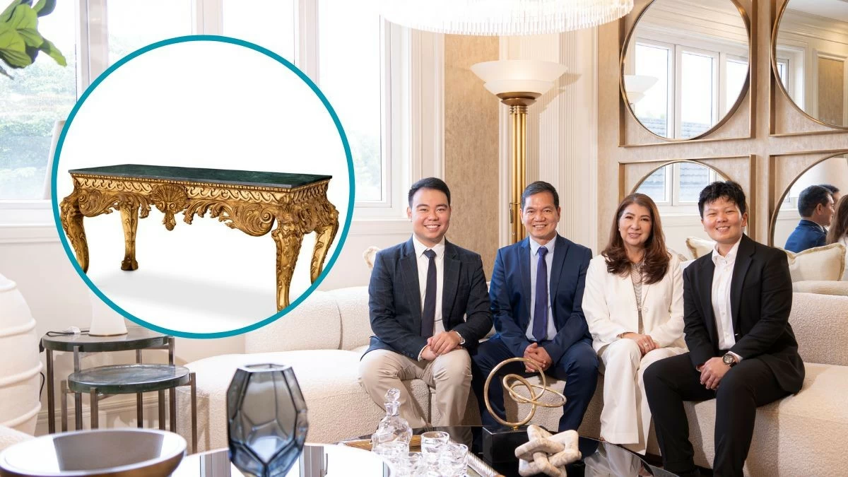 The Gonzales family: Noel and Eileen Gonzales (center), Kris Gonzales (leftmost), and Kar Gonzales (rightmost). Inset: Console Table Matthias in antique gold finish. (Photo: Muebles Italiano)