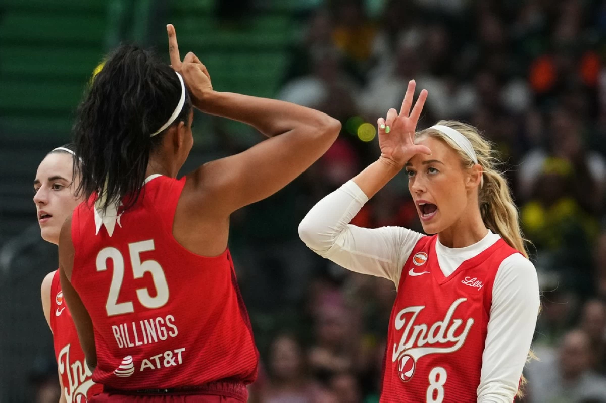 Indiana Fever guard Sophie Cunningham (8) reacts to making a basket with teammate Monique Billings (25) during the first half of a WNBA basketball game against the Seattle Storm, Tuesday, July 28, 2026, in Seattle. (AP Photo/Lindsey Wasson)