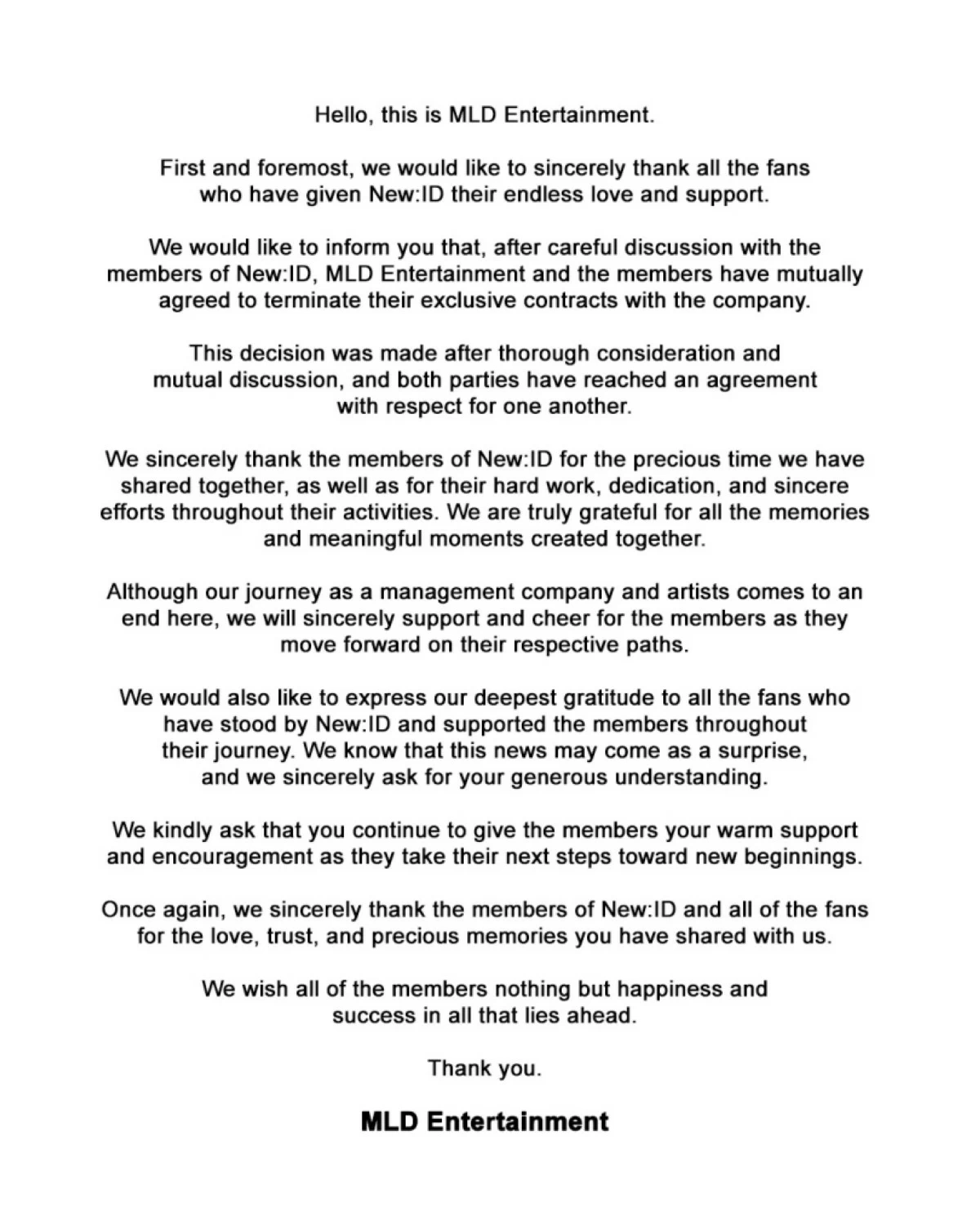 Statement by MLD Entertainment (Instagram) 
