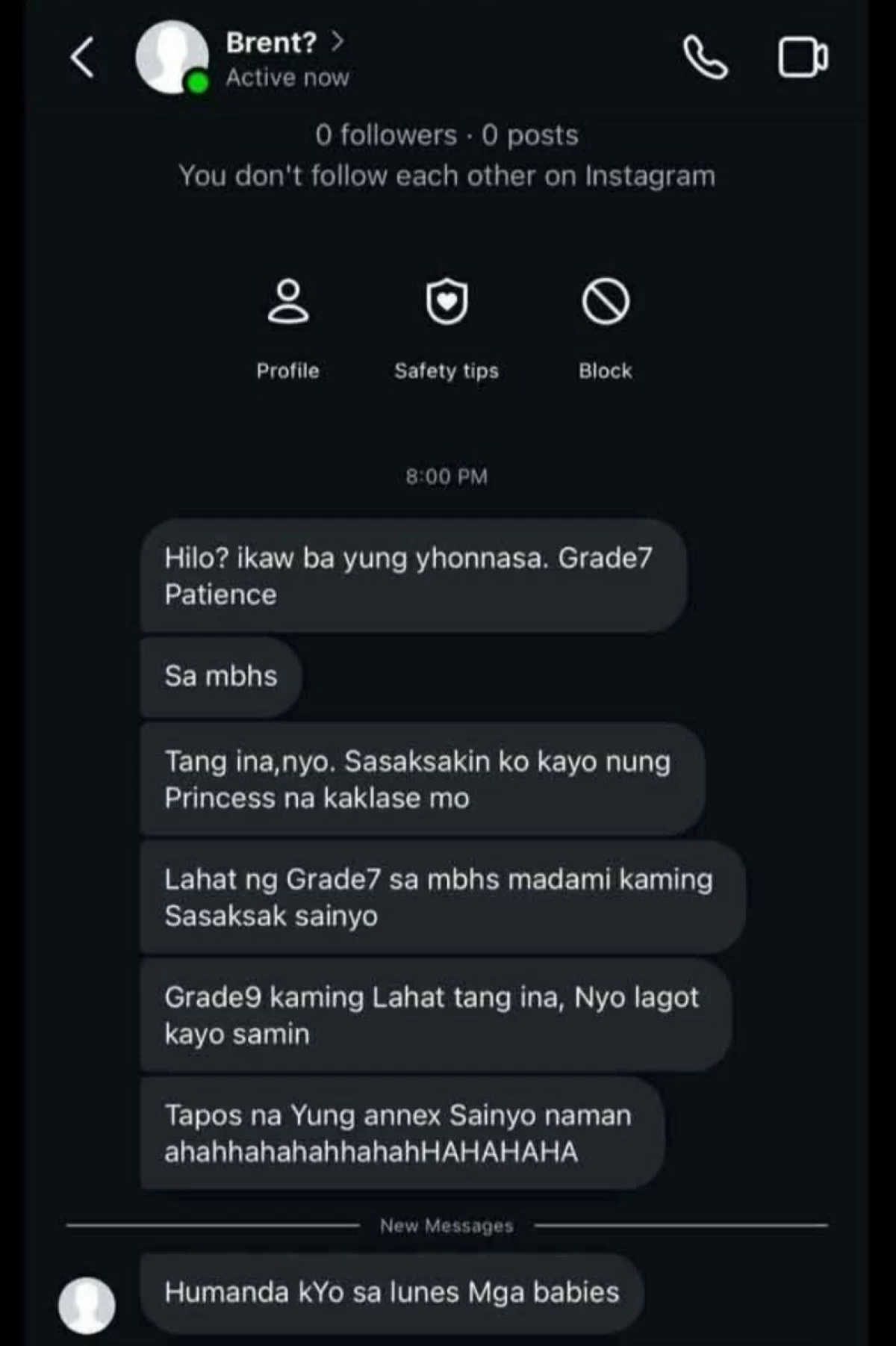 The threatening message sent to a student of Muntinlupa Business High School (Photo from Julieth DeJesus Lopena on Facebook) 