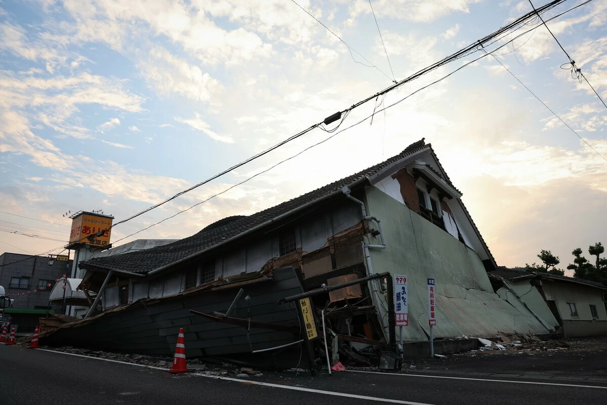 A building in Hikawa, Kumamoto Prefecture, that collapsed due to the July 28 powerful earthquake, photographed Tuesday morning, August 4, 2026.