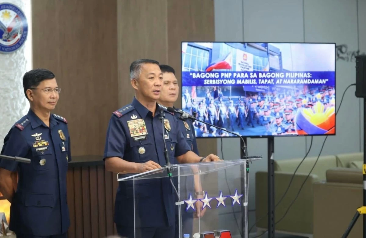 PNP chief Gen. Jose Melencio C. Nartatez, Jr, presents data on the decline of focus crimes nationwide during a press briefing at Camp Crame in Quezon City on Monday, August 3, 2026. With him is Police Lt Gen. Bernard Banac, the PNP's Deputy Chief for Administration. (photo: PNP