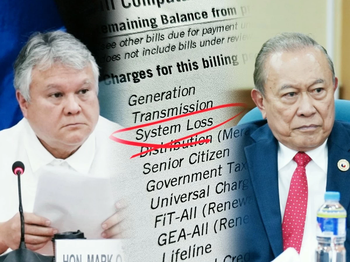 From left: Pangasinan 2nd district Rep. Mark Cojuangco, an electricity bill, Palawan 2nd district Rep. Jose Alvarez (PPAB, MANILA BULLETIN)