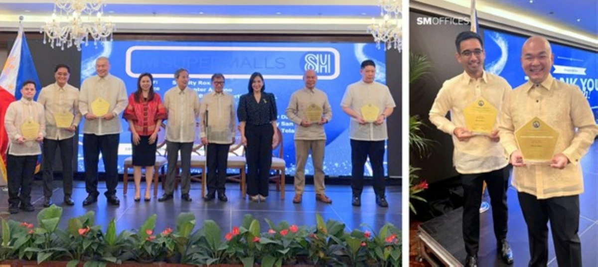(From left): Joaquin L. San Agustin, Executive Vice President for Marketing of SM Supermalls (third from left), Junias Eusebio, Vice President for Mall Operations of SM Supermalls (second from left) and other representatives present at the Mabini Awards. Right photo: Joseph Luke Varona, SM Offices Technical Services Head, and Alexis Ortiga, VP and SM Offices Business Unit Head, accept the Bronze Awards for ThreeE-com and FiveE-com at the Apolinario Mabini Awards.