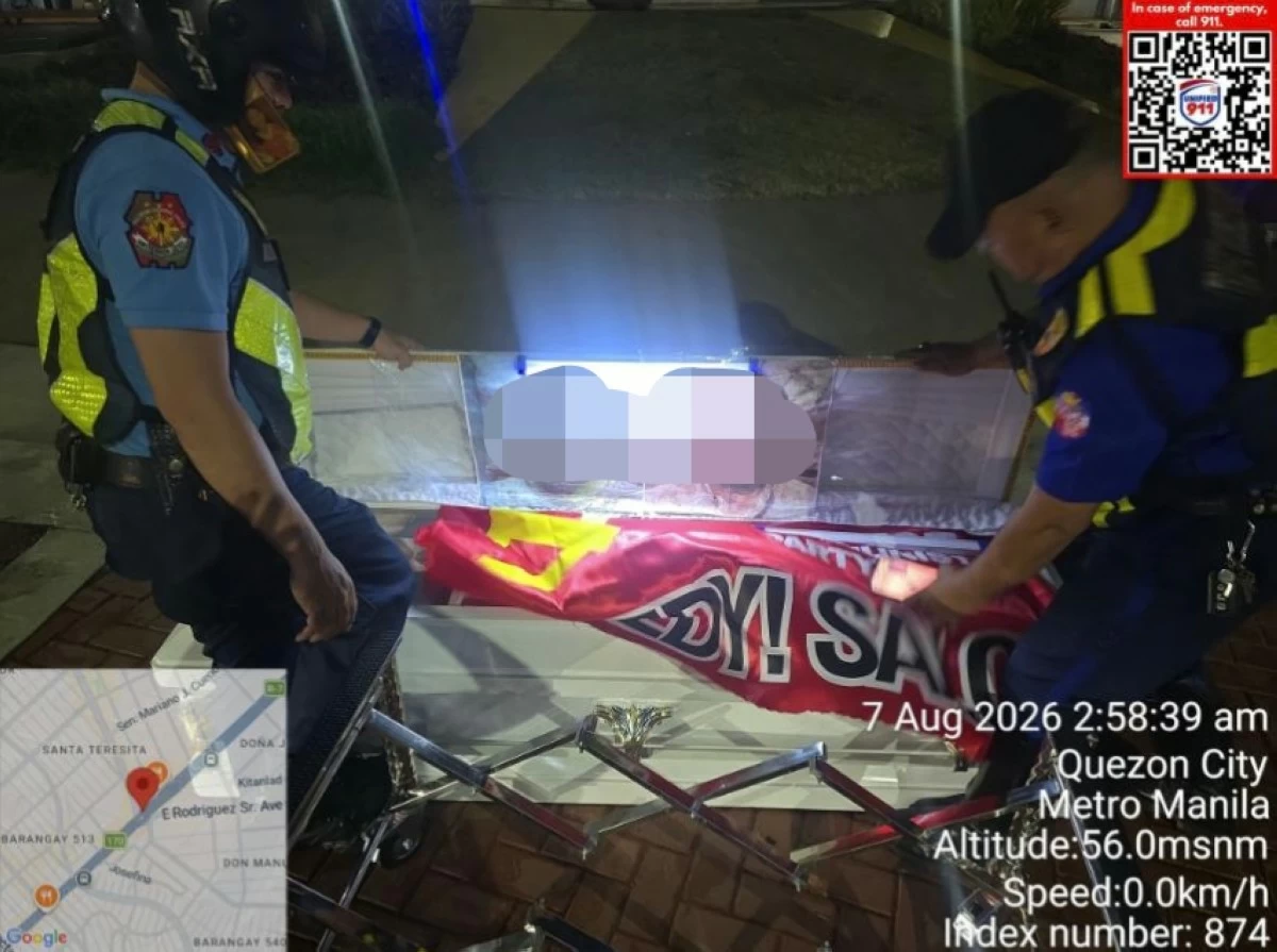 An abandoned casket was found at Boy Scout Circle in Barangay South Triangle, Quezon City early Friday, Aug. 7. The incident was among the reported casket displays discovered in several areas across Metro Manila. (Photo courtesy of the Quezon City Police District)