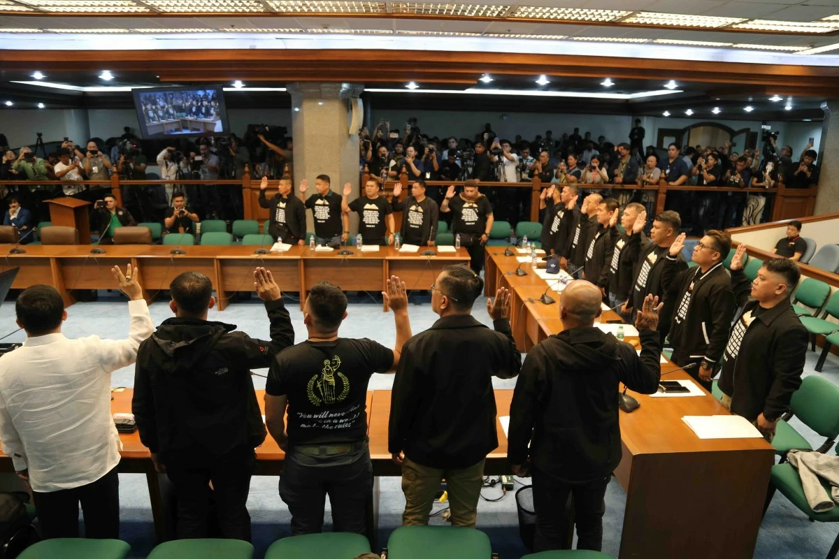 File photo of the 18 Maleta Boys with their legal counsel, lawyer Levi Baligod, at a Senate Blue Ribbon Committee hearing on the alleged flood control anomaly at the Senate of the Philippines in Pasay City on June 4, 2026. (Mark Balmores)