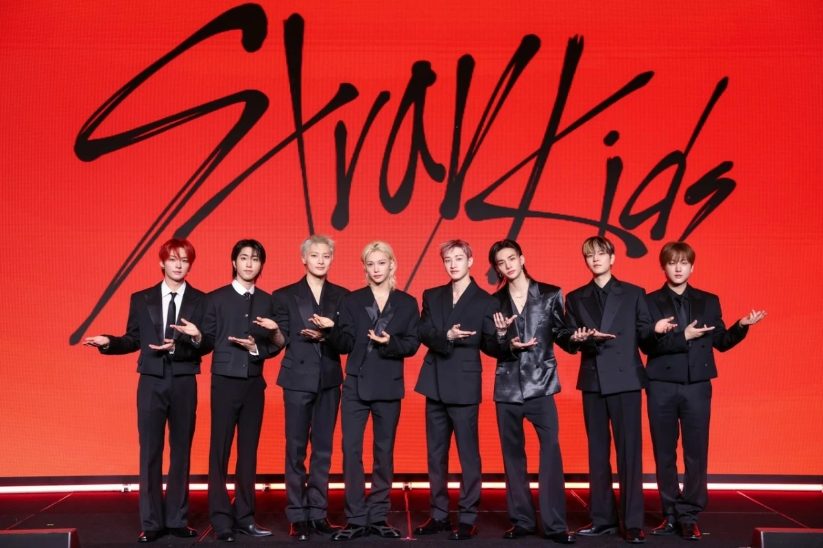 Stray Kids pose for a photo at a press conference for their 10th EP, 