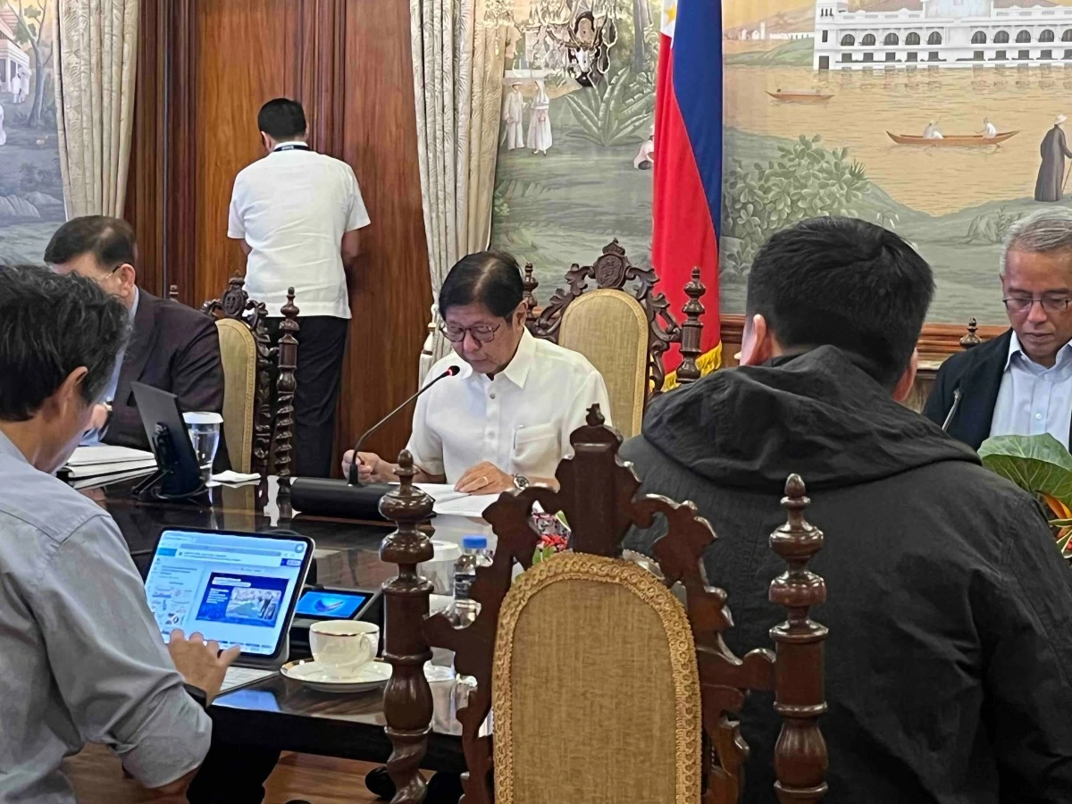 President Ferdinand 'Bongbong' Marcos Jr. convenes a situation briefing with Cabinet officials at Malacañan Palace on Aug. 10, 2026, to assess the impact of Tropical Storm Luis, Typhoon Maymay, and the southwest monsoon, or Habagat, and direct immediate government response and relief efforts in affected areas. (MPC Pool)