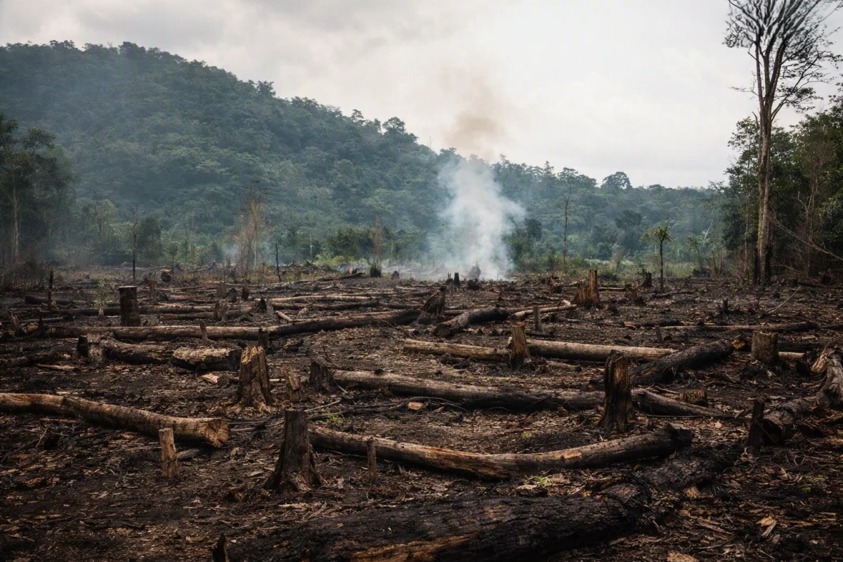 A newly cleared forest plot, highlighting the environmental toll of deforestation.