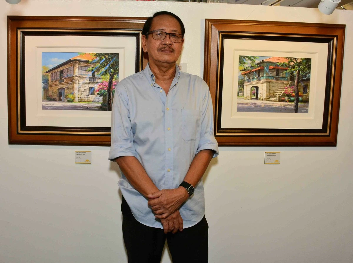Sunshine Place Intermediate and Advance Art Class Instructor Fidel Sarmiento beside his Umagang Kay Ganda artworks
