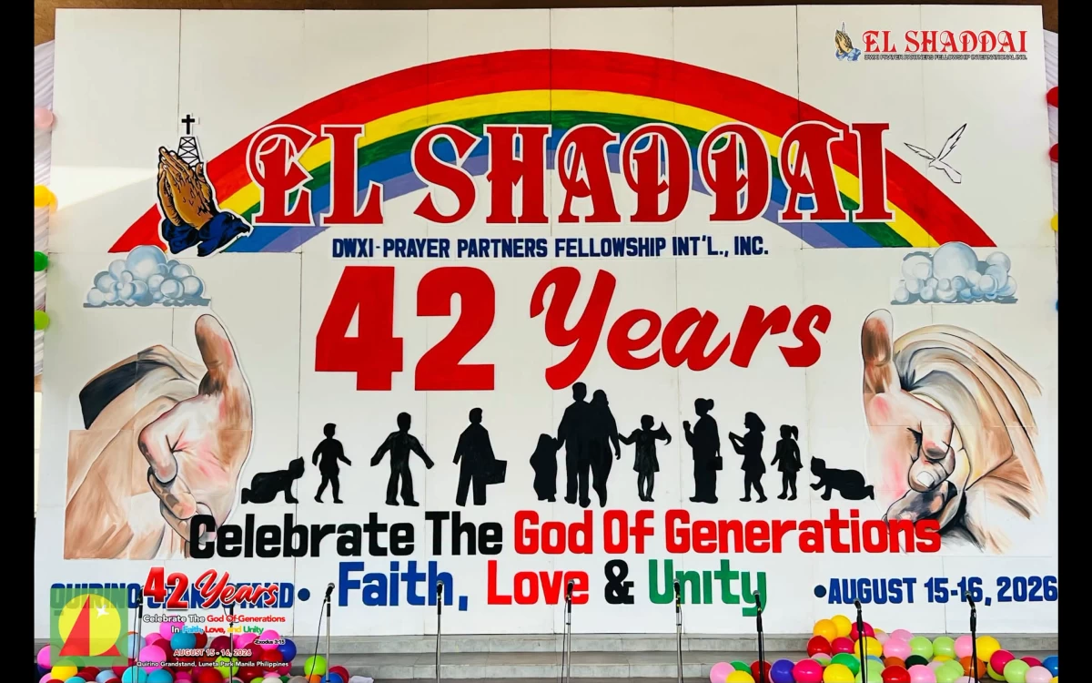 The official backdrop for El Shaddai’s 42nd anniversary celebration at the Quirino Grandstand in Luneta, Manila, carries the theme “42 Years of Celebrating the God of Generations in Faith, Love, and Unity.” The two-day gathering runs from Aug. 15 to 16. (Photo courtesy of El Shaddai Delta Broadcasting System, Inc.)