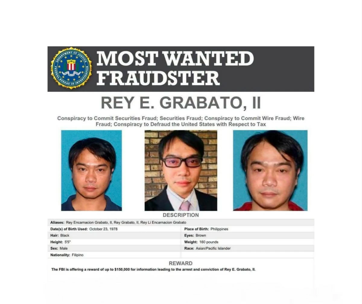 The FBI poster of Rey E. Grabato II  as a Most Wanted Fraudster