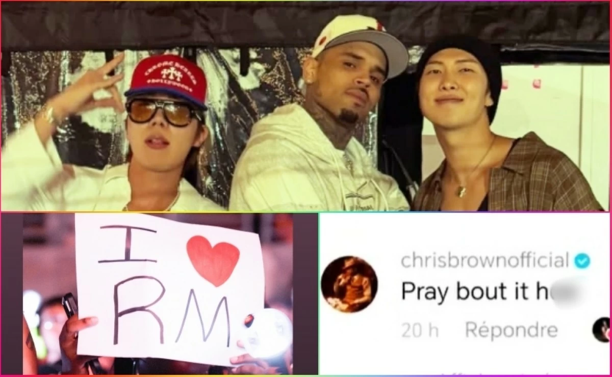 (From top) Chris Brown with BTS' RM (right) and J-Hope at his and Usher's concert, Brown's comment on TikTok, and a fan holding an "I love RM" sign (Chris Brown's Instagram, screenshot from X and RM's Instagram Stories) 