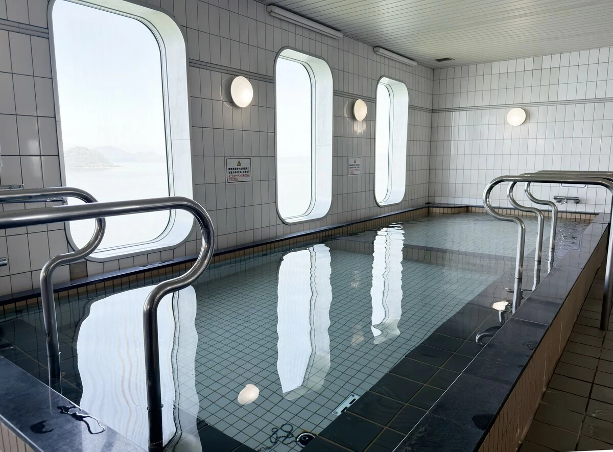 A communal bath on the Hakuo II large ferry, anchored at Yatsushiro port in the city of Yatsushiro in Kumamoto Prefecture to offer meal, bathing and other support to people affected by a massive earthquake that struck the southwestern Japan prefecture July 28, photographed on Thursday, August 13.
