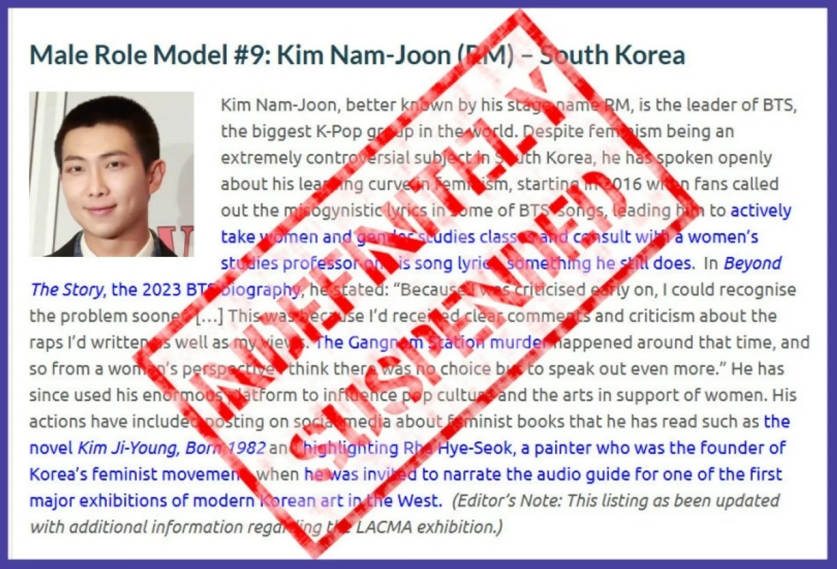 The Pixel Project has indefinitely suspended BTS' RM from its list of role models (Pixel Project) 