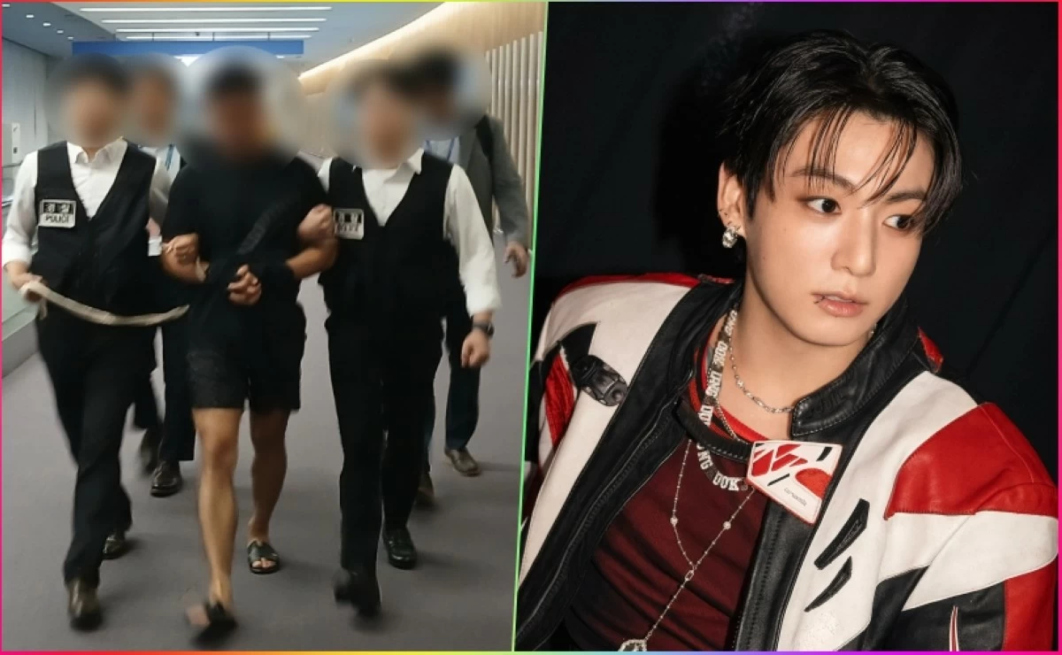 BTS' Jungkook (right) and the extradited Chinese national at Incheon International Airport on Aug. 22 last year (Instagram, Korea's Ministry of Justice) 
