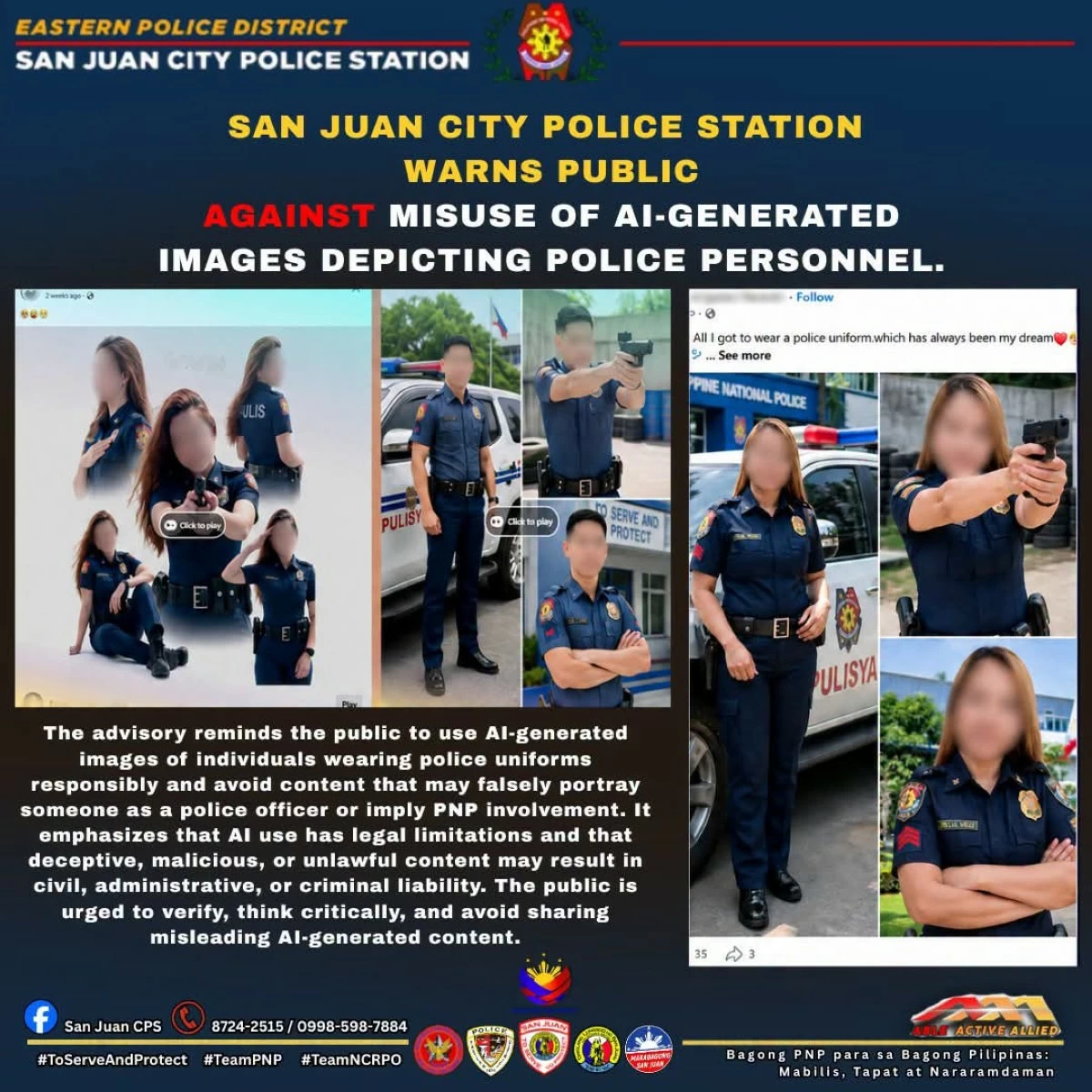 San Juan City Police Station reminds public to be responsible when using AI-generated photos of themselves wearing Philippine National Police uniforms. (Photo from San Juan CPS)