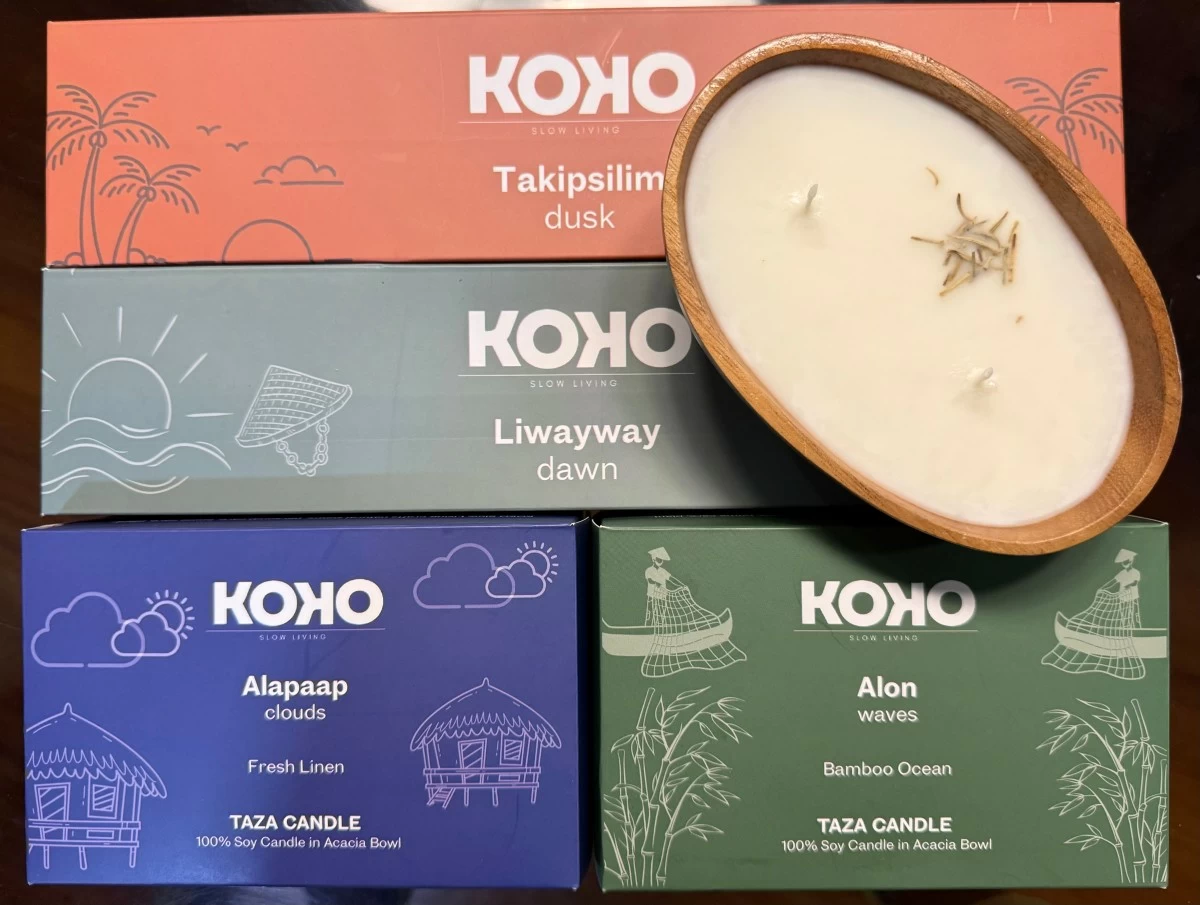 KOKO SLOW Living promotes sustainability in its Home and Personal Care products. Pictured here are the ARKO and TAZA candles in their Acacia wooden bowls.
