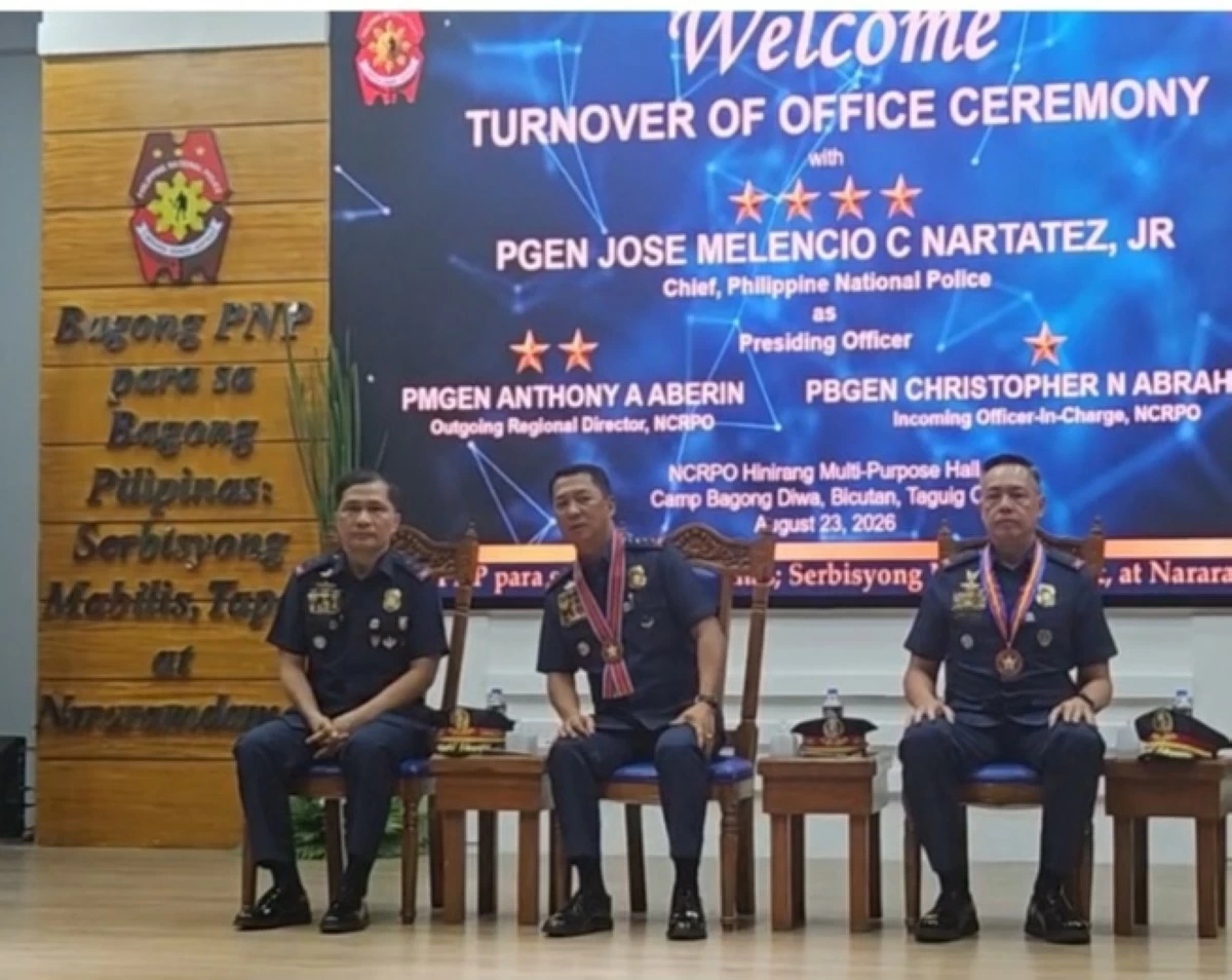 PNP chief Gen. Jose Melencio C. Nartatez, Jr, presides over the turnover ceremony between outgoing NCRPO chief Maj. Gen. Anthony A. Aberin and his successor, Police Brig Gen. Christopher Abrahano on Sunday, August 23, 2026. Aberin, who held the post since 2014, reached the mandatory retirement age of 56. 