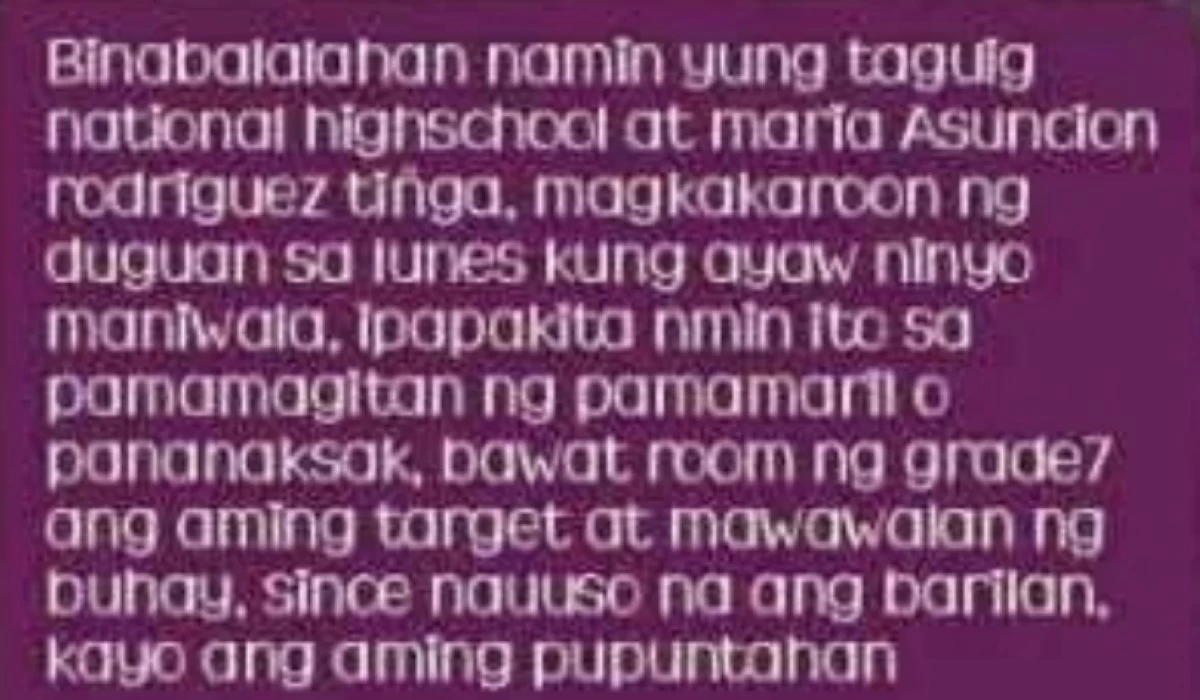 The online post targeting Taguig National High School and  Maria Asuncion Rodriguez Tiñga High School.(Photo from Facebook user Jen) 